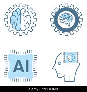 Set mit 4 AI-Symbolen. Satz von vier künstlichen Intelligenzen gesäumte Symbol blau, kybernetisch, Ai, Kopf, Technologie-Vektor, Illustrationsdesign Stock Vektor