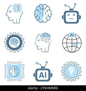 Gruppe moderner KI-Symbole, Symbole. Set von künstlicher Intelligenz gesäumt Stil, kybernetisch, Ai, Kopf, Technologie Vektor Stock Vektor
