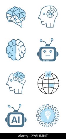 Gruppe von 8 AI-Symbolen. Set von künstlicher Intelligenz gesäumt Stil, kybernetisch, Ai, Kopf, Technologie Vektor Stock Vektor