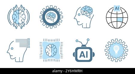 Symbolsatz für Maschine und Roboter. Sammlung hochwertiger, flacher Symbole auf weißem Hintergrund. Liniensymbole, Symbole. Set mit 8 Artifici Stock Vektor