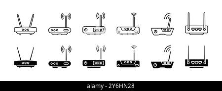 Einfacher WLAN-Router und Access Point-Umriss und Feldsymbolsatz Stock Vektor