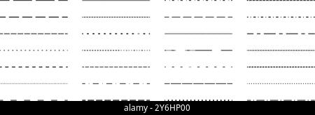Schwarze gerade gestrichelte Linie. Design-Elemente-Kollektion mit gepunkteten Trennelementen und Trennelementen. Unterbrochene Strichstärke für Unterstreichung, Hervorhebung, Hervorhebung. Wiederholte dünne Linien des Strichs bündeln sich. Vektor Stock Vektor