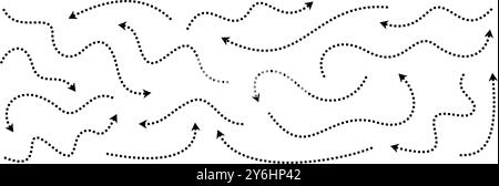 Schwarz gepunktete dünne Pfeile gesetzt. Kollektion mit gewellten und geschwungenen gestrichelten Pfeilen. Wiggly skizzierte Zeiger und Richtungslinien. Punktmuster-Bündel mit Streifendesign für Flyer, Poster, Broschüre. Vektor Stock Vektor