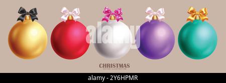 Weihnachtskugeln Vektor Set Design. Kugeln weihnachtsschmuck aus bunten, glänzenden, glänzenden und runden Elementen mit Bändchen in elegant isoliert Stock Vektor
