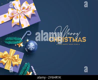 Frohe weihnachten Grüße Vektorkarte Design. Weihnachten und frohe Neujahrstexte mit lila Geschenkbox, gelbem Band, Weihnachtsball, Zuckerrohr in eleganter Form Stock Vektor