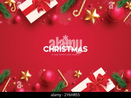 Weihnachtsgrüße Vektor Hintergrund Design. Frohe weihnachtsgrüßtext auf rotem Hintergrund mit Geschenkbox, Fichte, Weihnachtskugeln, Goldsternen und Süßigkeiten Stock Vektor