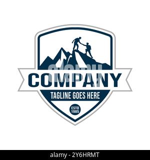 Kletterer auf Bergspitze mit Symbol der Zusammenarbeit Schild Stempel Emblem Design Adventure Company Logo, Guidance Vector Illustration Stock Vektor