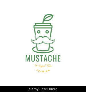Alter Mann Gesicht Schnurrbart Kaffee Tee Tasse Mascot Linie Stil minimales einfaches Logo Design Vektor Icon Illustration Stock Vektor