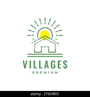 Haus Cottage Dorf mit Sonnenaufgang Sonnenaufgang Bunte Linie Stil modernes einfaches Logo Design Vektor Icon Illustration Stock Vektor