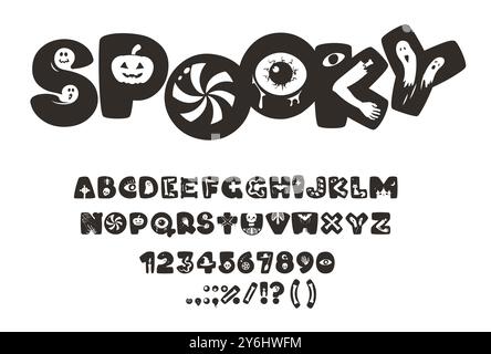 Mystery Type, Halloween Schriftart, gruseliges englisches Alphabet, Horror Schriftart mit gruseligen Monster Vektor Silhouetten. Mystery abc Schriftart mit Kürbissen, Geistern, Zombies und Süßigkeiten Stock Vektor