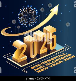 2025 Geschäftserfolg, Ziele gesetzt. Schnelles Wachstum und Börsentrends führen zu finanziellen Fortschritten. Feuerwerk und Goldzahlen feiern das neue Jahr 2025. Stock Vektor