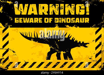 Dinosaurier-Warnschild aus Metall mit Dino-Eidechse für Gefahrenzone-Vorsicht, Vektorbanner. Warnschild für Gefahrenbereiche mit gestachelter Dinosauriersilhouette auf Grunge-Hintergrund im Gefahrenrahmen Stock Vektor