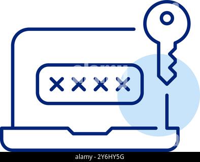 Laptop mit Passworteingabefeld und Schlüssel. Sicherer Datenzugriff, Benutzeranmeldung am Computer. Pixelperfektes, bearbeitbares Konturvektorsymbol Stock Vektor