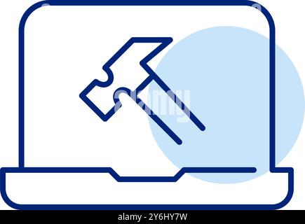 Hammersymbol auf Laptop. Computerreparaturen und Hardware-Engineering-Lösungen. Pixelperfektes, bearbeitbares Konturvektorsymbol Stock Vektor