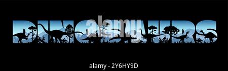 Dinosaurier Dschungel Silhouetten bei Sonnenuntergang mit prähistorischen Jura-Eidechsen, Vektorausschnitten Buchstaben. Riesige Eidechsen und Dinosaurier-Silhouetten im Waldtal für Dino-Park, Paläontologiemuseum oder Enzyklopädie Stock Vektor