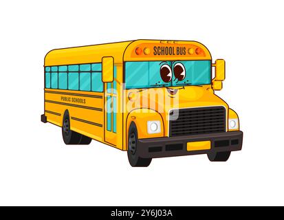Schulpädagogik Bus grooviger Charakter. Isolierter Karikaturvektor fröhlicher gelber Schulbus mit glücklichem Gesicht und verspieltem Ausdruck. Das lustige und freundliche Fahrzeug repräsentiert den Transport und die Aktivitäten für Kinder Stock Vektor