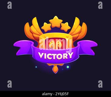 Das Siegessymbol des Spiels, das Preisabzeichen mit einem hellen goldenen Schild mit Flügeln und Sternen und einem lila Band. Die Trophäe für Zeichentrickvektoren für digitale Spiele, Belohnungssysteme und Erfolge im Gaming Stock Vektor