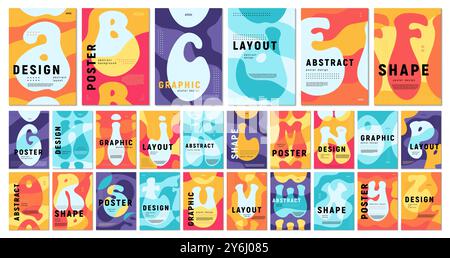 Groovige Typografie Bucheinbände und Hippie-Alphabet für Poster-Vorlagen-Layout, Vektorhintergründe. Groovige Hippie-Typografie aus den 70er Jahren Buchstaben aus Alphabeten in abstrakten, fetten Formen für Bucheinband Stock Vektor