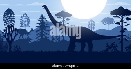 Prähistorische Landschaft mit Silhouetten von Dinosaurierechsen im Jurassic Forest, Vektorhintergrund mit Sonnenuntergang. Prähistorische Silhouetten von Riesenechsen und Dinosauriern im Dschungel mit Sonne am Himmel Stock Vektor