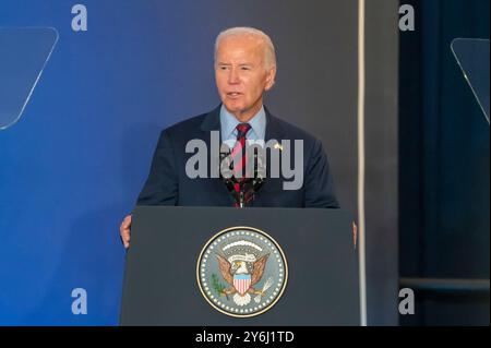 New York, New York, USA. September 2024. (NEU) Präsident Biden ist Gastgeber der Staats- und Regierungschefs der Welt, die Eine gemeinsame Erklärung zur Unterstützung des Wiederaufbaus und des Wiederaufbaus in der Ukraine vorlegen. 25. September 2024, New York, New York, USA: US-Präsident Joe Biden spricht bei einer Veranstaltung mit führenden Persönlichkeiten der Welt, die am 25. September 20204 in New York City im InterContinental New York Barclay, einem IHG Hotel, eine gemeinsame Erklärung zur Unterstützung des Wiederaufbaus in der Ukraine einleitete. Biden traf sich zusammen mit dem ukrainischen Präsidenten Wolodymyr Zelenski mit verschiedenen Führern der Welt am Rande der 79. United Natio Stockfoto