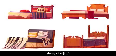 Bett mit Kopfteil für die Innendarstellung des Hotels oder des Flachzimmers. Schlafzimmer mit Doppelmöbeln aus Holz mit Matratze, Baumwolldecke und Kissen zum Schlafen. Baue ein gemütliches, modernes Haushaltselement für Spiele Stock Vektor