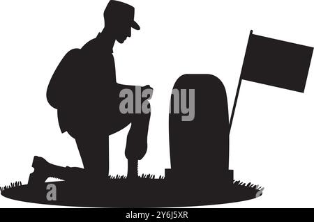 Militärsoldat auf einem Knie vor dem Grab mit Flagge. Schwarze Silhouette, Handzeichnung. Memorial Day. Veteranen Militärfriedhof. Vektorabbildung Stock Vektor