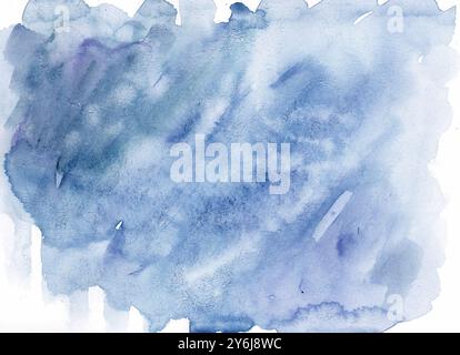 Aquarellunschärfe in verschiedenen schmutzigen Blautönen. Auf weißem Hintergrund. Unschärfe. Abstrakter Hintergrund. Chaotische Aquarellpinseltextur. Stockfoto