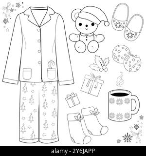 Weihnachtliches Pyjama-Set. Weihnachtsschlafensammlung mit gemütlicher Nachtwäsche und Hausschuhen des Weihnachtsmanns. Schwarzweiß-Ausmalseite. Stockfoto