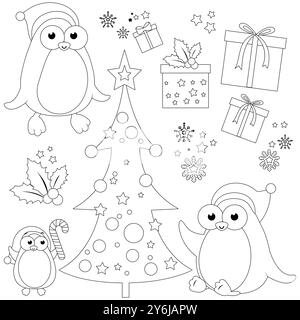 Weihnachtskollektion mit Pinguinen, Weihnachtsbaum und Geschenken. Weihnachtsfeier-Set. Schwarzweiß-Ausmalseite. Stockfoto