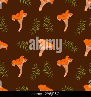 Pfifferling-Pilze und Moos nahtloses Muster. Speisepilz-Wiederholungshintergrund. Endloses Design für den herbstlichen Wald. Handgezeichnete Vektorgrafik Stock Vektor