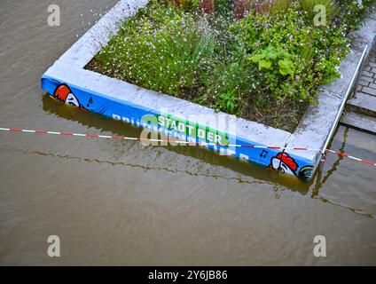 26. September 2024, Brandenburg, Frankfurt (oder): Die oder-Promenade in der Stadt Frankfurt (oder) wird teilweise vom Hochwasser der oder überflutet. In einigen Gemeinden im Hochwassergebiet entlang der oder sind die Wasserstände seit einigen Stunden zurückgegangen. Angesichts der Prognosen für die weiter nördlich gelegene Stadt Frankfurt (oder) dürfte auch der aktuelle maximale Wasserstand dort in wenigen Stunden überwunden sein. Foto: Patrick Pleul/dpa Stockfoto