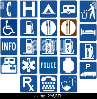 Comprehensive Motorist Services Signs Sammlung Mit Telefon, Krankenhaus, Camping, Gas, Lebensmittel, Unterbringung und Aufladen von Elektrofahrzeugen. Straßenschilder Stock Vektor