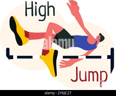 Vektor-Illustration eines männlichen Athleten, der einen High Jump ausführt und Geschwindigkeit und Technik kombiniert, um über die Bar in einem flachen Stil-Cartoon-Hintergrund zu schweben Stock Vektor