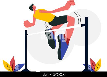 Vektor-Illustration eines männlichen Athleten, der einen High Jump ausführt und Geschwindigkeit und Technik kombiniert, um über die Bar in einem flachen Stil-Cartoon-Hintergrund zu schweben Stock Vektor