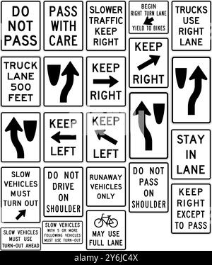 Umfassende Beschilderung zum Vorbeifahren, zur Spurnutzung und zur Verkehrskontrolle: Nicht passieren, rechts halten, langsame Fahrzeuge und Fahrspurführung für die Straßenverkehrssicherheit. Roa Stock Vektor