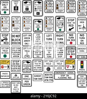 Umfassende Sammlung von Verkehrssignalschildern: Anweisungen für den Straßenverkehr, Blinker, Fußgängersignale und Notsignalanzeigen für R Stock Vektor