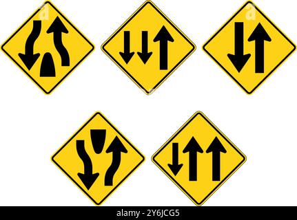 Geteilte Autobahnschilder und Zweiwege-Verkehrszeichen: Start-, End- und dreispurige Verkehrsflussanzeigen. Straßenschilder in den USA. Stock Vektor
