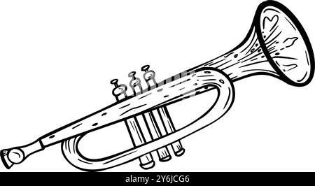 Trompete klassisches Musikinstrument schwarz weiß grafische Vektor-Illustration isoliert. Hornblasinstrument handgezeichnete Tuschenskizze in Strichgrafik für Design Stock Vektor