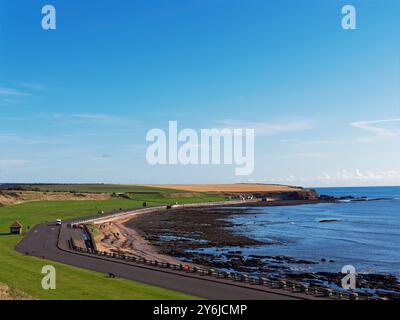 Der weitläufige Rocky Beach im Victoria Park in Arbroath blickt auf die Klippen bei Whiting Ness in der Ferne mit Walkers auf dem Sand. Stockfoto