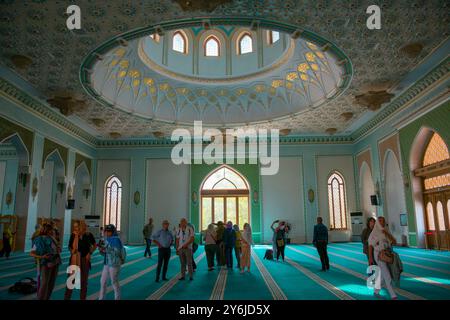 Taschkent, Usbekistan;16. September 2024;der Gebetssaal der Hazrati Imom Moschee in Taschkent, Usbekistan, ist mit einem traditionellen blauen Teppich geschmückt. Stockfoto