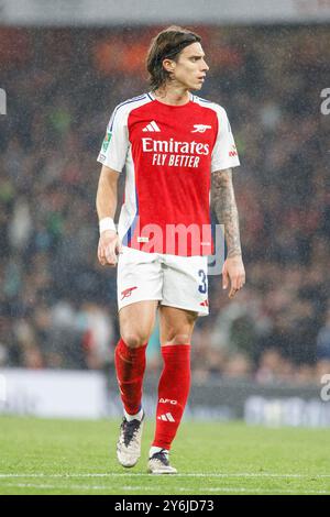 London, Großbritannien. September 2024. Riccardo Calafiori von Arsenal FC während des Spiels Arsenal FC gegen Bolton Wanderers FC Carabao Cup Runde 3 im Emirates Stadium, London, England, Vereinigtes Königreich am 25. September 2024 Credit: Every Second Media/Alamy Live News Stockfoto
