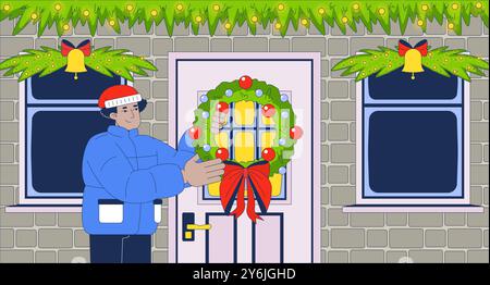 Hängender Weihnachtskranz an der flachen Illustration der Vordertür Stock Vektor