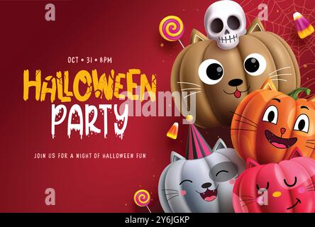Halloween Party Vektor Vorlage Design. Halloween Einladungskarte mit niedlichen Katze Kürbisse Zeichen für Kinder Kostüm Party Flyer Hintergrund. Vektor Stock Vektor