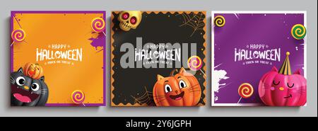 Happy halloween Gruß Vektor Poster Set Design. Halloween-Einladungskarte mit Kürbiskatzenfiguren in farbenfroher Vorlage Stock Vektor
