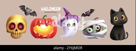 Halloween Charaktere Vektor Set Design. Halloween gruselige, gruselige und gruselige Charaktere wie Schädel, Jack o Laterne, Geist, Mumienkürbis und Katzen Element Stock Vektor