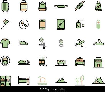 Reisevorbereitung und Tourismusumrisse gefüllt Symbolsatz, Vektor-Illustration Stock Vektor