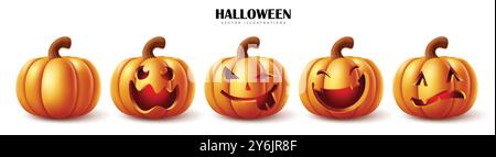 Halloween Kürbisse Set Vektor Design. Halloween orange Kürbisse mit lustigen Gesichtsausdrücken isoliert in weißem Hintergrund für saisonalen Horror Stock Vektor