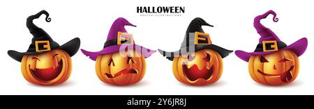 Halloween Kürbisse Set Vektor Design. Halloween Kürbis Laterne lustige Gesichter mit Hexe schwarz und lila Hut isoliert in weißem Hintergrund für den Urlaub Stock Vektor