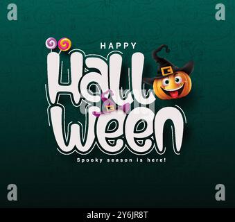 Halloween Gruß Text Vektor Karte Design. Halloween Grußkarte Typografie Text in grünem gruseligen Hintergrund mit niedlichem Kürbis und Horror Elementen Stock Vektor