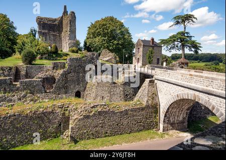 Die Ruinen der Château de Domfront in Domfront, Normandie, Frankreich Stockfoto